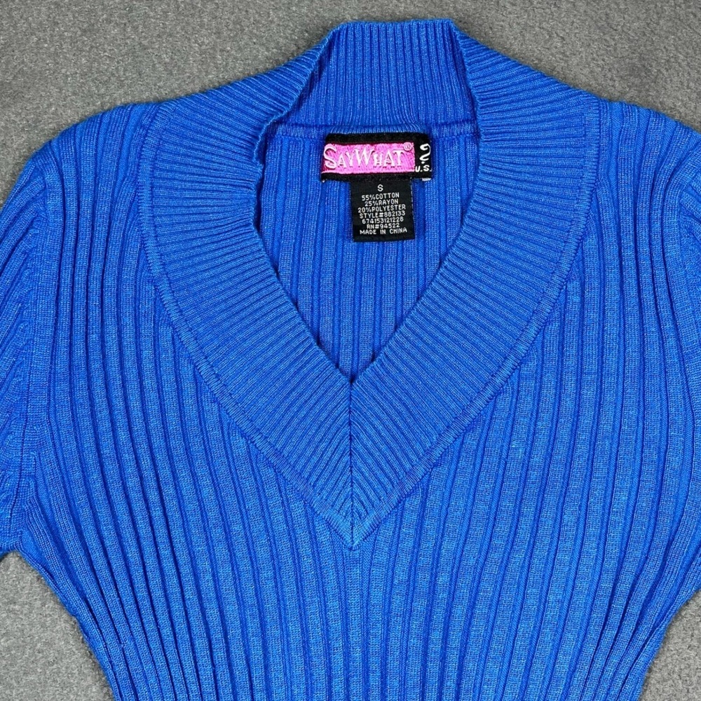 Say What Women Ribbed Knit Top Cotton Blend Blue Small Y2K V-Neck Button Cuff